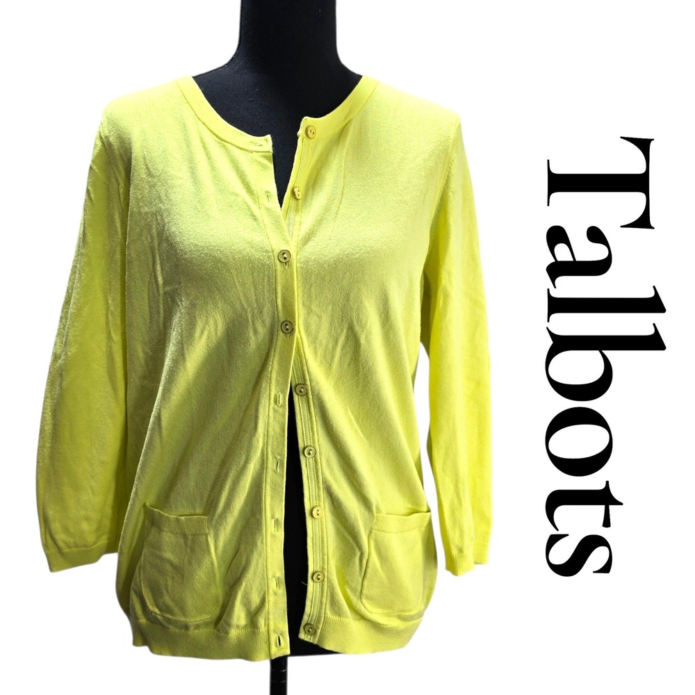 Talbots Cardigan Sweater Womens M Yellow Pima Cotton Knit Button Front Classic